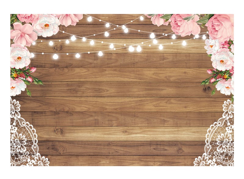 Funnytree 7X5ft Flowers Wood Lace Rustic Backdrop Wedding Floral Photography Background Wooden Board Floor Bridal Shower Baby Birthday Party Bride Banner Photo Studio - Image 1
